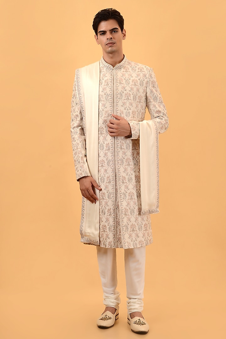 Cream Raw Silk Hand & Machine Embroidered Wedding Sherwani Set by STEEL at Pernia's Pop Up Shop