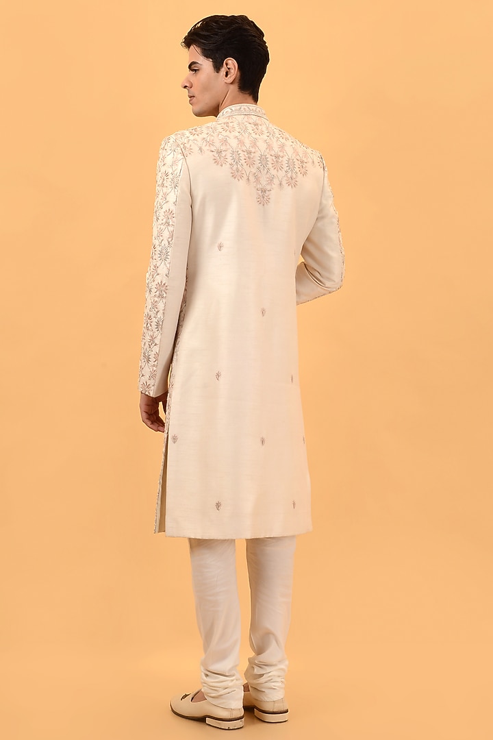 Cream Raw Silk Hand & Machine Embroidered Wedding Sherwani Set by STEEL at Pernia's Pop Up Shop
