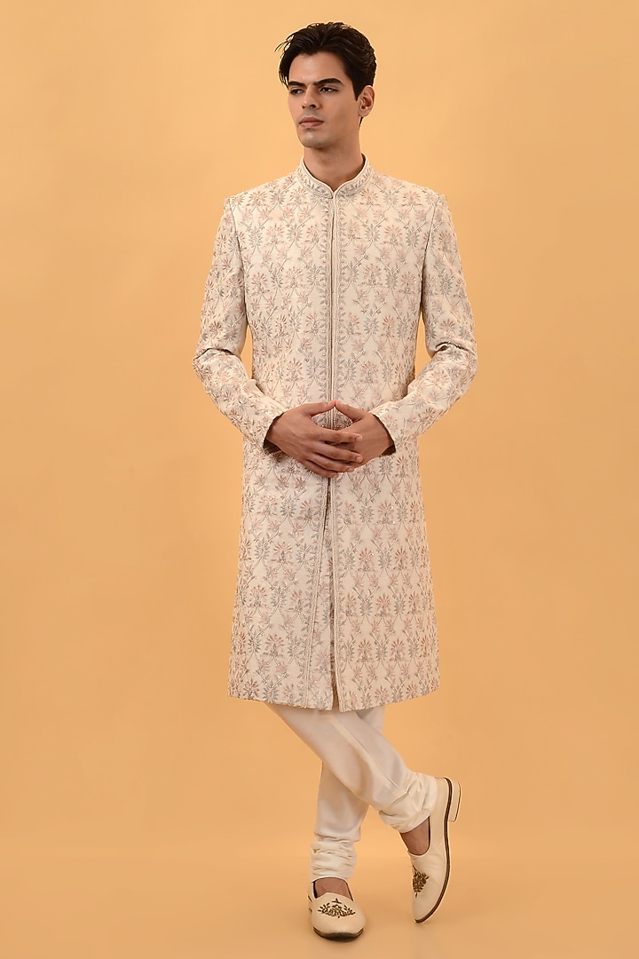 Cream Raw Silk Hand & Machine Embroidered Wedding Sherwani Set by STEEL at Pernia's Pop Up Shop