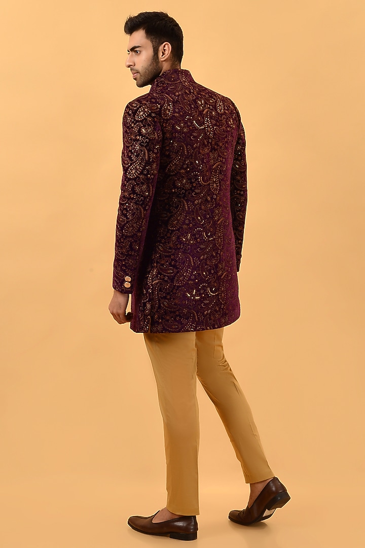 Wine Velvet Resham Embroidered Wedding Indowestern Set by STEEL at Pernia's Pop Up Shop