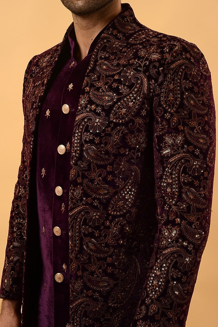 Wine Velvet Resham Embroidered Wedding Indowestern Set by STEEL at Pernia's Pop Up Shop