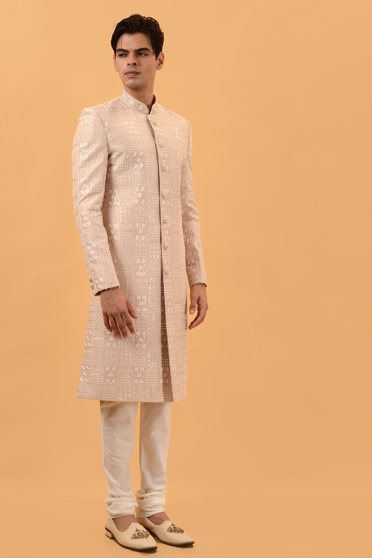 STEEL Dusty Peach Lucknowi Bead Embroidered Sherwani Set