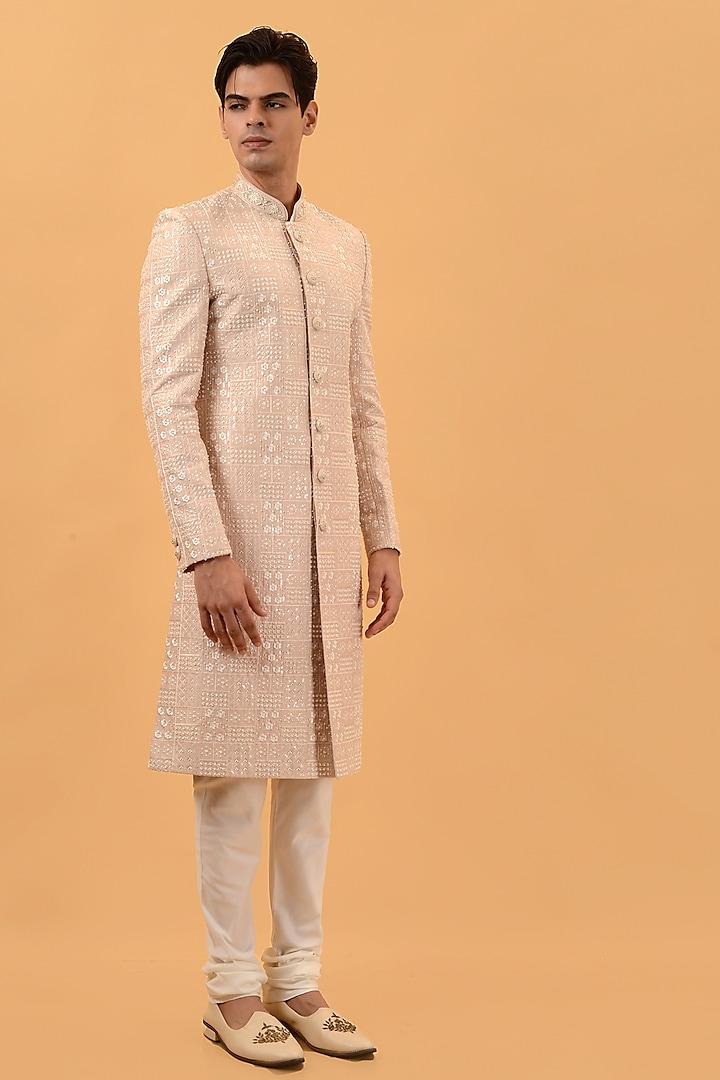 Dusty Peach Lucknowi Bead Embroidered Wedding Sherwani Set by STEEL at Pernia's Pop Up Shop