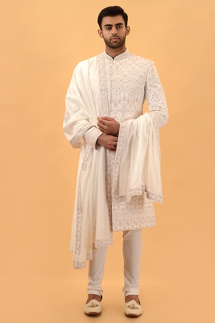 Off-White Raw Silk Hand & Machine Embroidered Wedding Sherwani Set by STEEL at Pernia's Pop Up Shop