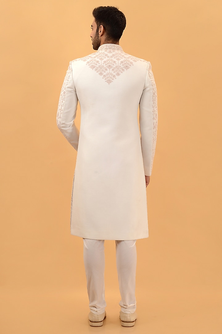 Off-White Raw Silk Hand & Machine Embroidered Wedding Sherwani Set by STEEL at Pernia's Pop Up Shop