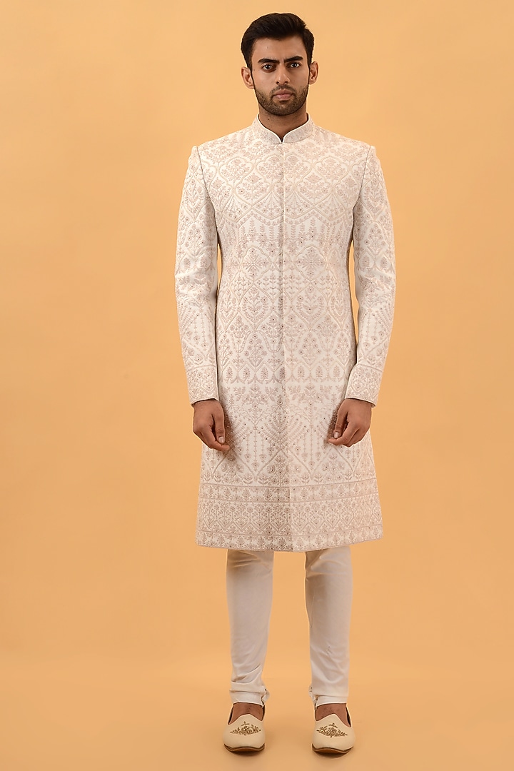 Off-White Raw Silk Hand & Machine Embroidered Wedding Sherwani Set by STEEL at Pernia's Pop Up Shop