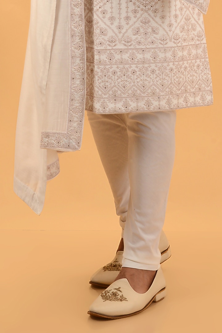 Off-White Raw Silk Hand & Machine Embroidered Wedding Sherwani Set by STEEL at Pernia's Pop Up Shop
