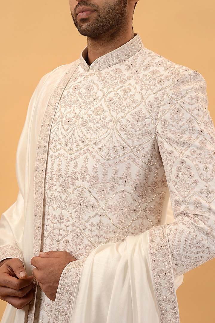 Off-White Raw Silk Hand & Machine Embroidered Wedding Sherwani Set by STEEL at Pernia's Pop Up Shop