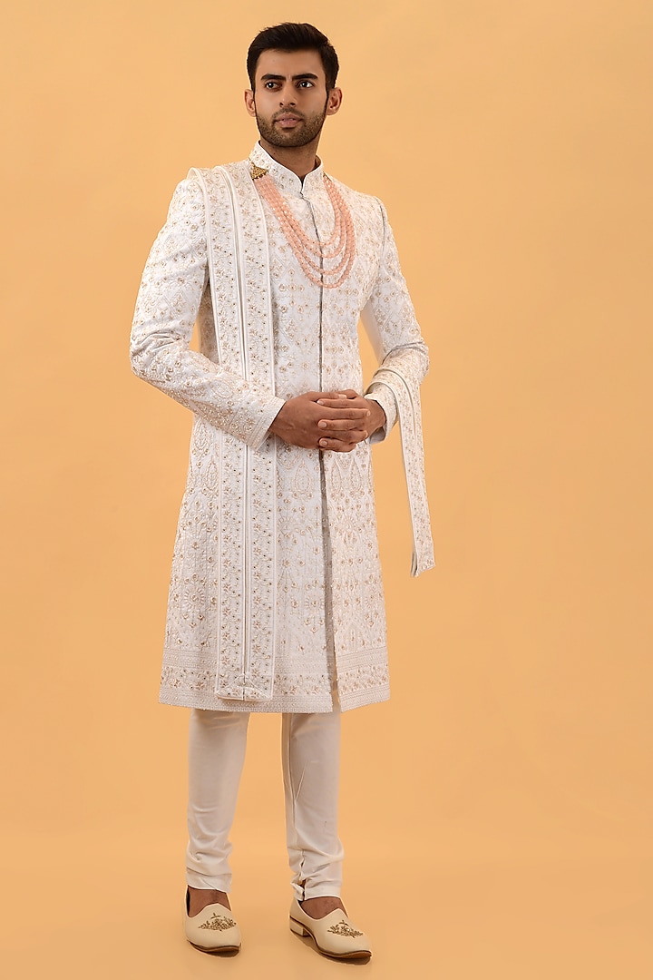 Off-White Raw Silk Hand & Machine Embroidered Sherwani Set by STEEL