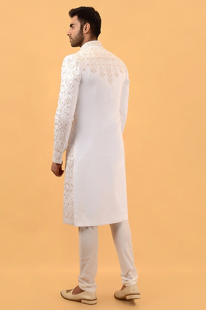 Off-White Raw Silk Hand & Machine Embroidered Wedding Sherwani Set by STEEL at Pernia's Pop Up Shop