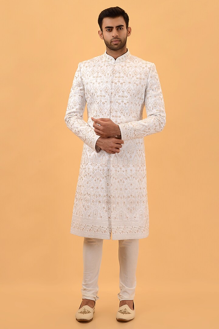 Off-White Raw Silk Hand & Machine Embroidered Wedding Sherwani Set by STEEL at Pernia's Pop Up Shop