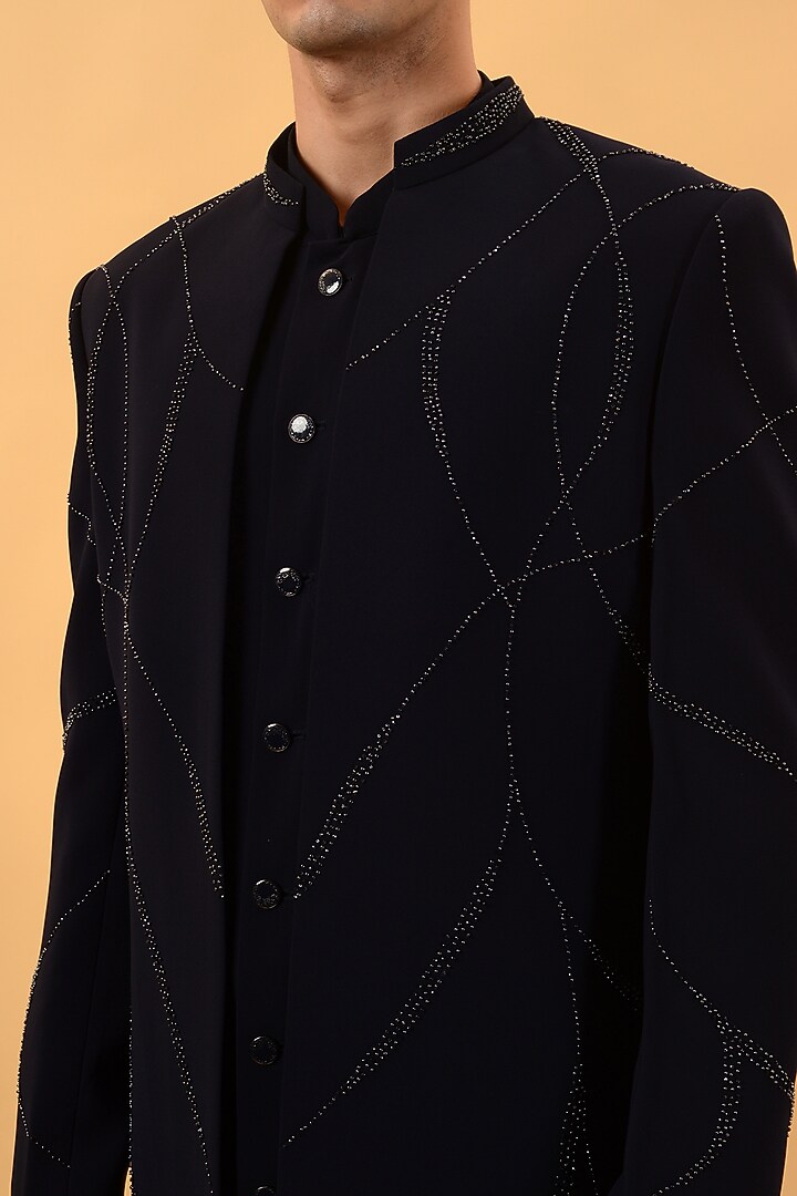 Blue Textured Suiting Hand Embroidered Wedding Indowestern Set by STEEL at Pernia's Pop Up Shop