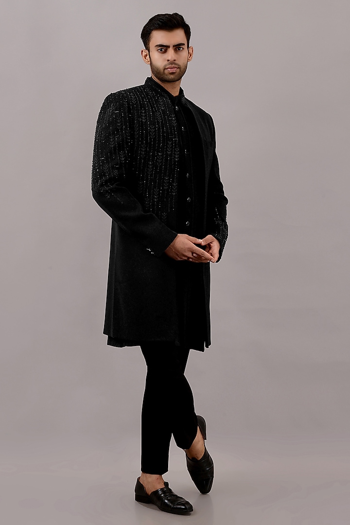 Black Textured Suiting Hand Embroidered Wedding Indowestern Set by STEEL at Pernia's Pop Up Shop