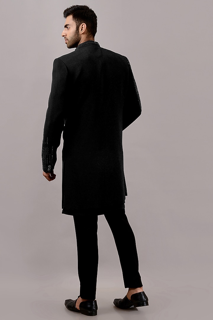Black Textured Suiting Hand Embroidered Wedding Indowestern Set by STEEL at Pernia's Pop Up Shop