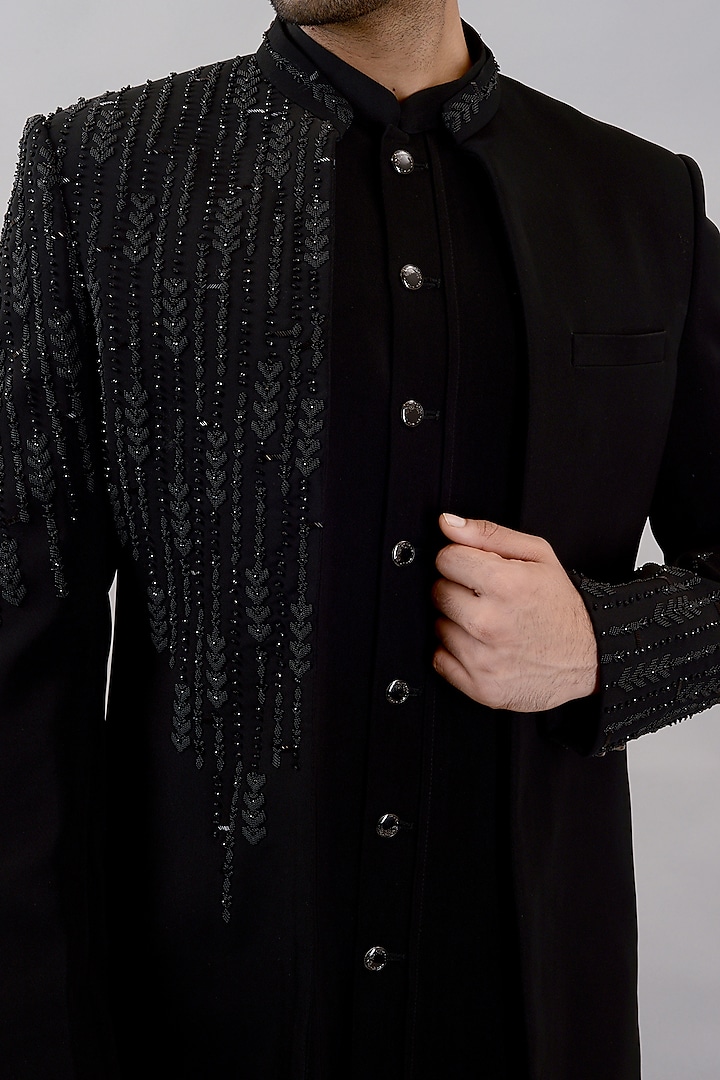Black Textured Suiting Hand Embroidered Wedding Indowestern Set by STEEL at Pernia's Pop Up Shop