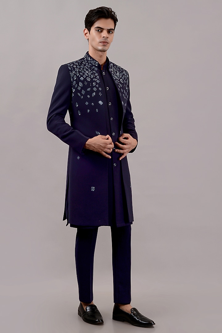 Navy Blue Textured Suiting Hand Embroidered Wedding Indowestern Set by STEEL at Pernia's Pop Up Shop