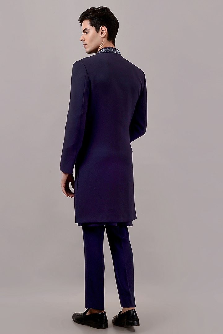 Navy Blue Textured Suiting Hand Embroidered Wedding Indowestern Set by STEEL at Pernia's Pop Up Shop