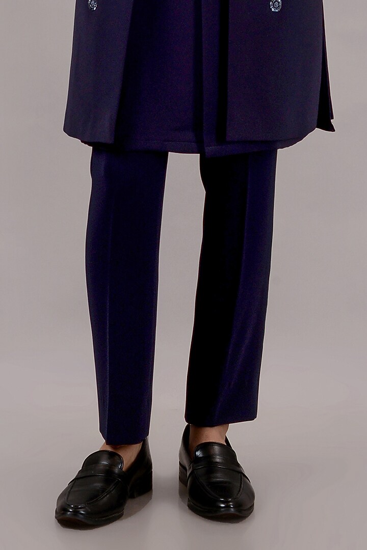 Navy Blue Textured Suiting Hand Embroidered Wedding Indowestern Set by STEEL at Pernia's Pop Up Shop