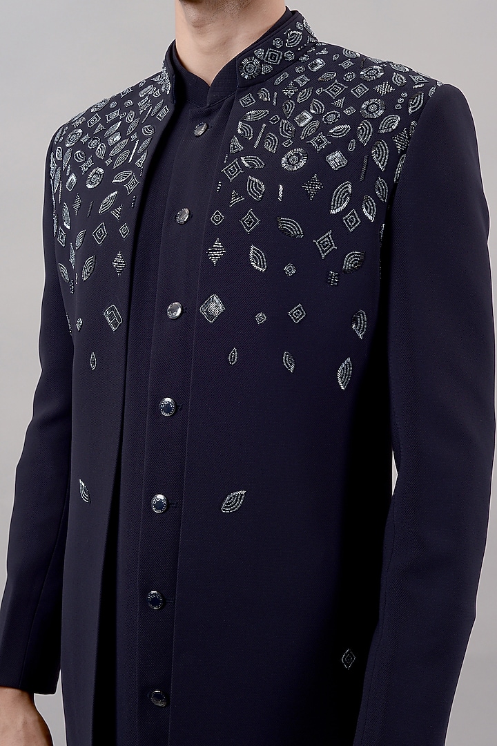 Navy Blue Textured Suiting Hand Embroidered Wedding Indowestern Set by STEEL at Pernia's Pop Up Shop