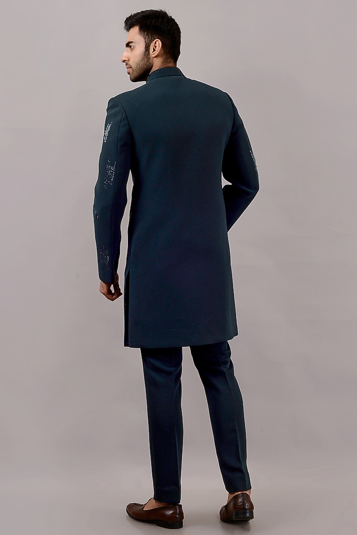 Dark Green Textured Suiting Hand Embroidered Wedding Indowestern Set by STEEL at Pernia's Pop Up Shop