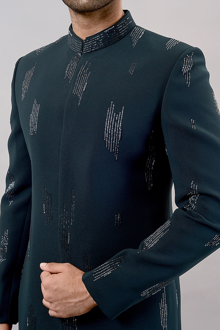 Dark Green Textured Suiting Hand Embroidered Wedding Indowestern Set by STEEL at Pernia's Pop Up Shop