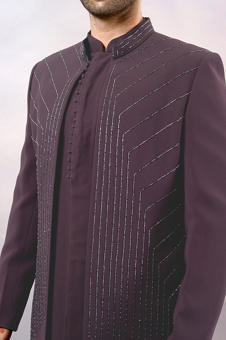Wine Textured Suiting Hand Embroidered Wedding Indowestern Set by STEEL at Pernia's Pop Up Shop
