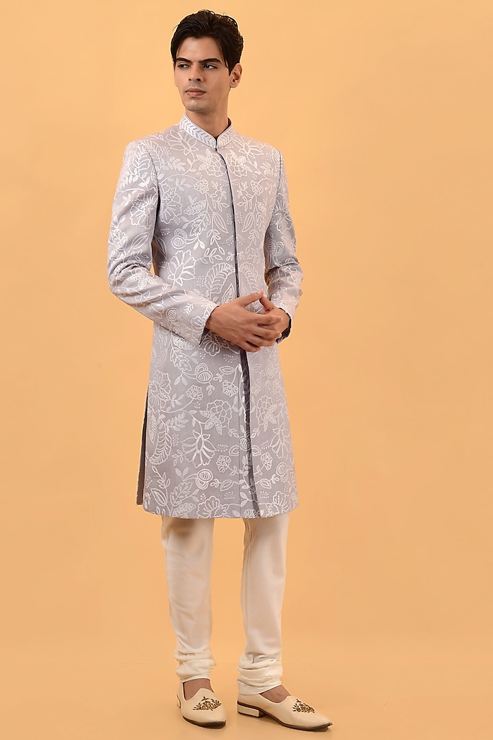 Lilac Raw Silk Sequins Embroidered Sherwani Set by STEEL