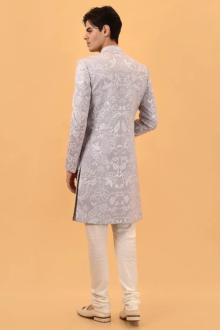 Lilac Raw Silk Sequins Embroidered Wedding Sherwani Set by STEEL at Pernia's Pop Up Shop
