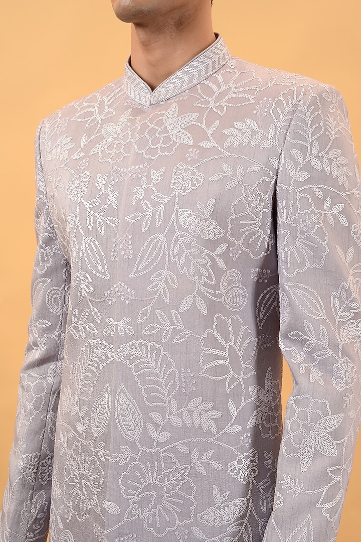 Lilac Raw Silk Sequins Embroidered Wedding Sherwani Set by STEEL at Pernia's Pop Up Shop