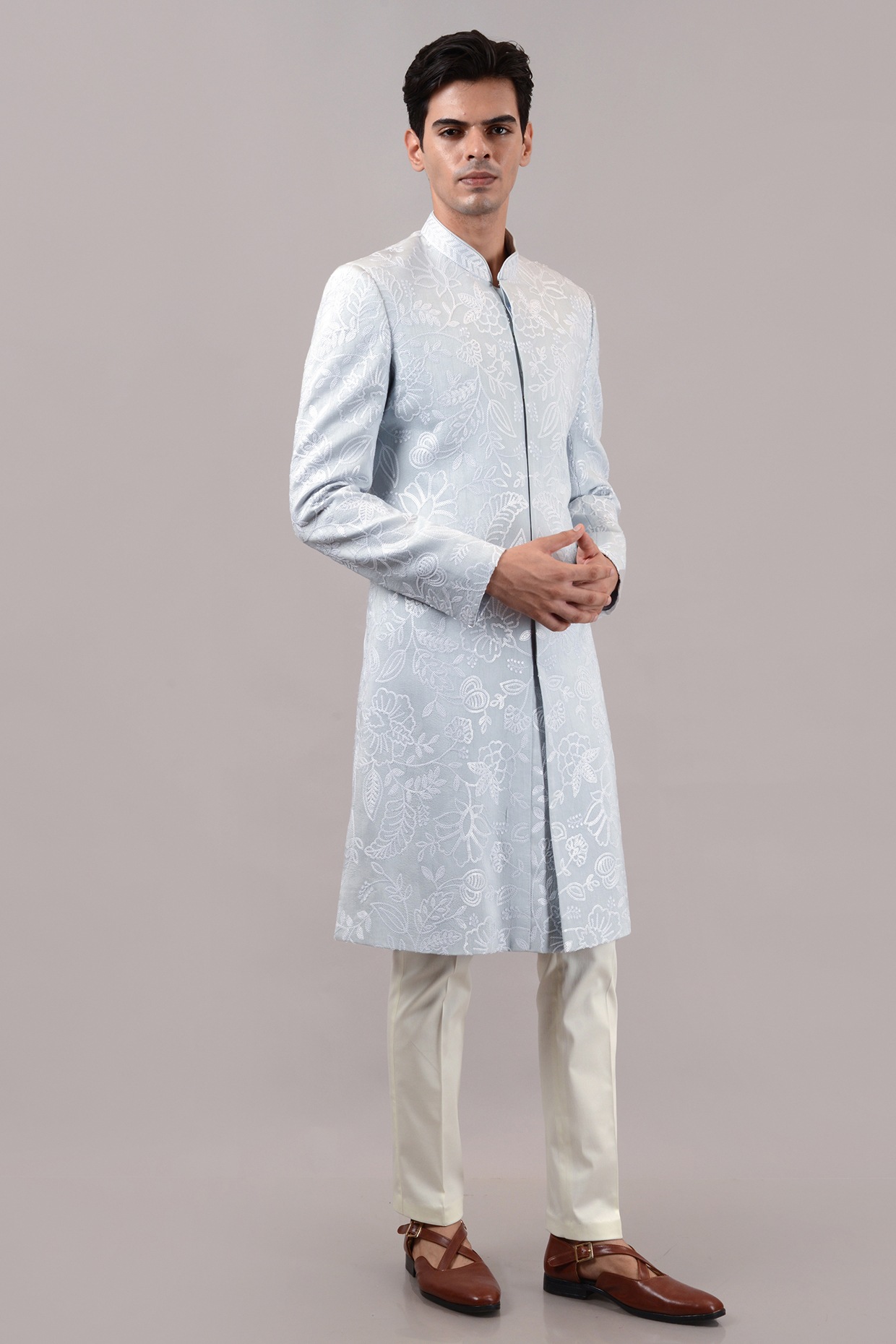 STEEL Sky Blue Raw Silk Sequins Embroidered Sherwani Set
