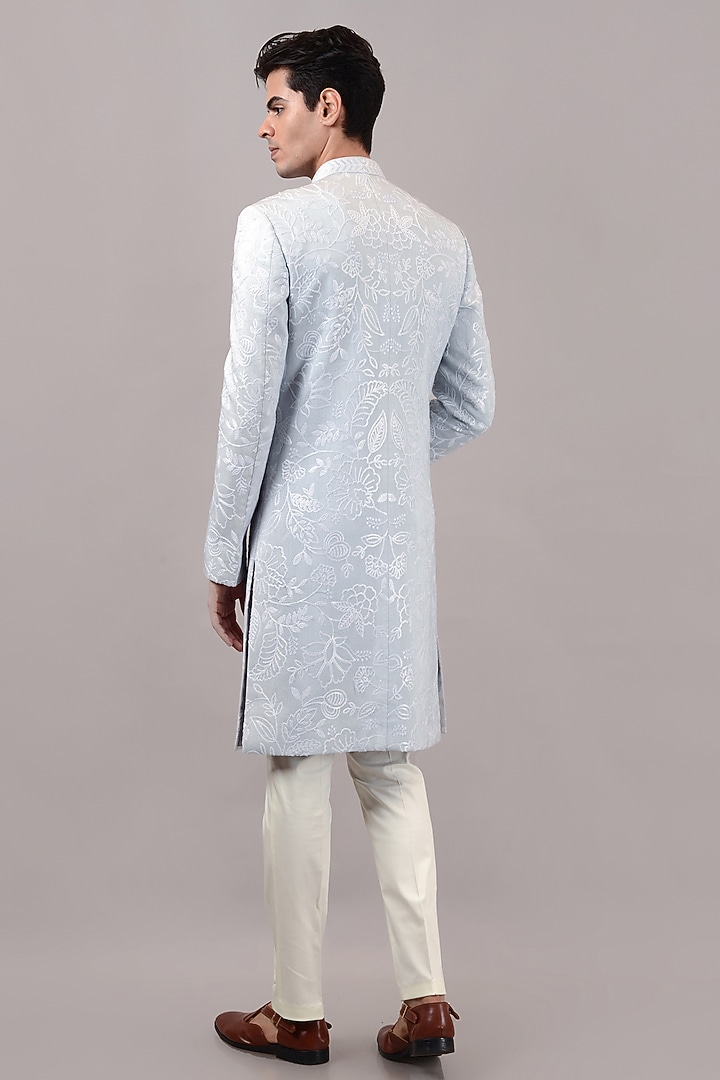Sky Blue Raw Silk Sequins Embroidered Wedding Sherwani Set by STEEL at Pernia's Pop Up Shop