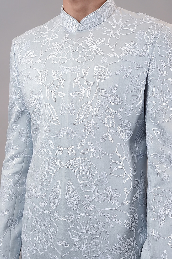 Sky Blue Raw Silk Sequins Embroidered Wedding Sherwani Set by STEEL at Pernia's Pop Up Shop