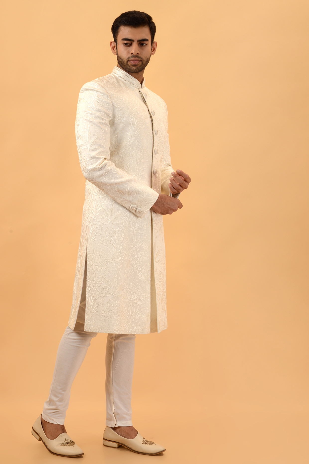 STEEL Off-White Lucknowi Handwork Sherwani Set
