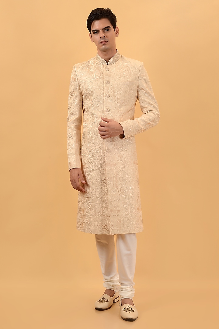 Beige Lucknowi Handwork Wedding Sherwani Set by STEEL at Pernia's Pop Up Shop