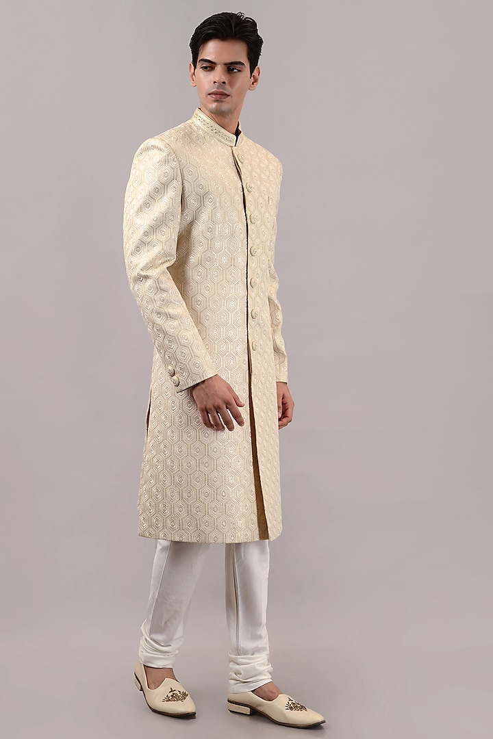 Beige Lucknowi Handwork Wedding Sherwani Set by STEEL at Pernia's Pop Up Shop