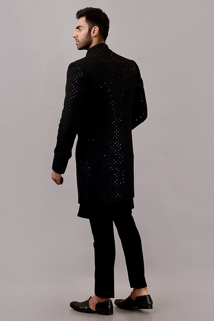 Black Textured Suiting Resham Embroidered Wedding Indowestern Set by STEEL at Pernia's Pop Up Shop
