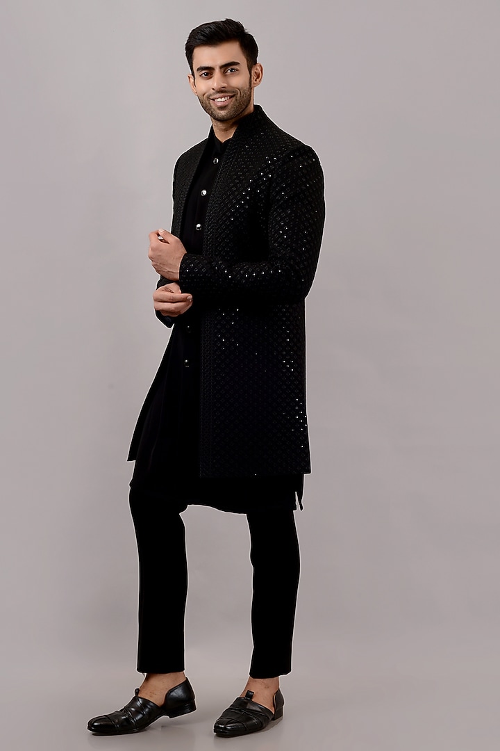 Black Textured Suiting Resham Embroidered Wedding Indowestern Set by STEEL at Pernia's Pop Up Shop