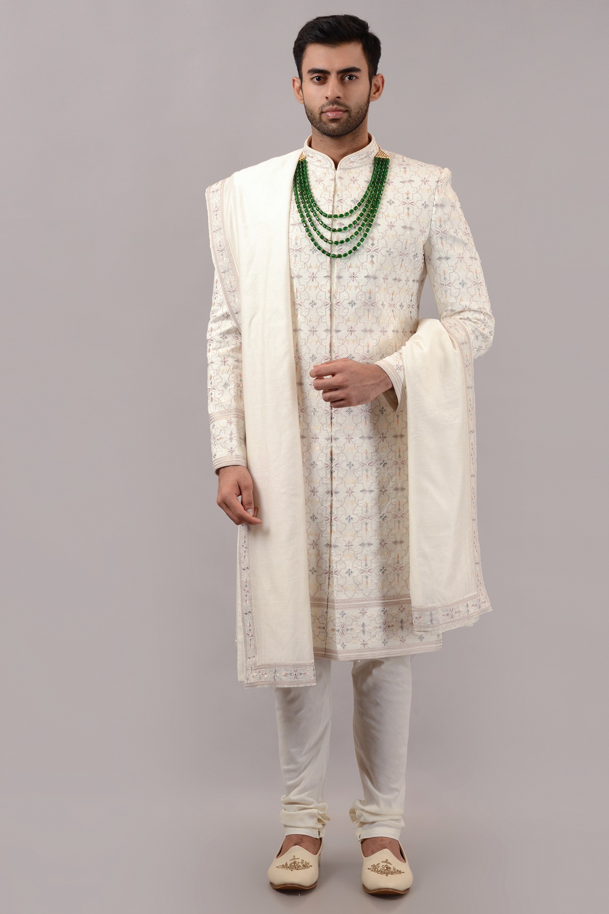 STEEL Cream Raw Silk Hand & Machine Embroidered Sherwani Set