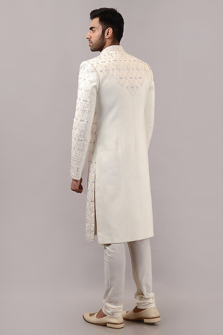 Cream Raw Silk Hand & Machine Embroidered Wedding Sherwani Set by STEEL at Pernia's Pop Up Shop