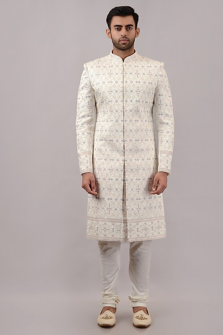 Cream Raw Silk Hand & Machine Embroidered Wedding Sherwani Set by STEEL at Pernia's Pop Up Shop
