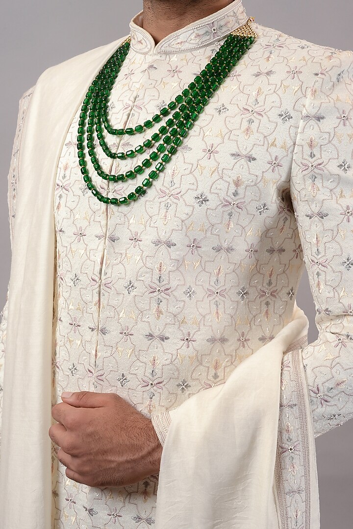 Cream Raw Silk Hand & Machine Embroidered Wedding Sherwani Set by STEEL at Pernia's Pop Up Shop