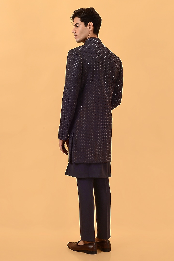 Navy Blue Textured Suiting Resham Embroidered Wedding Indowestern Set by STEEL at Pernia's Pop Up Shop
