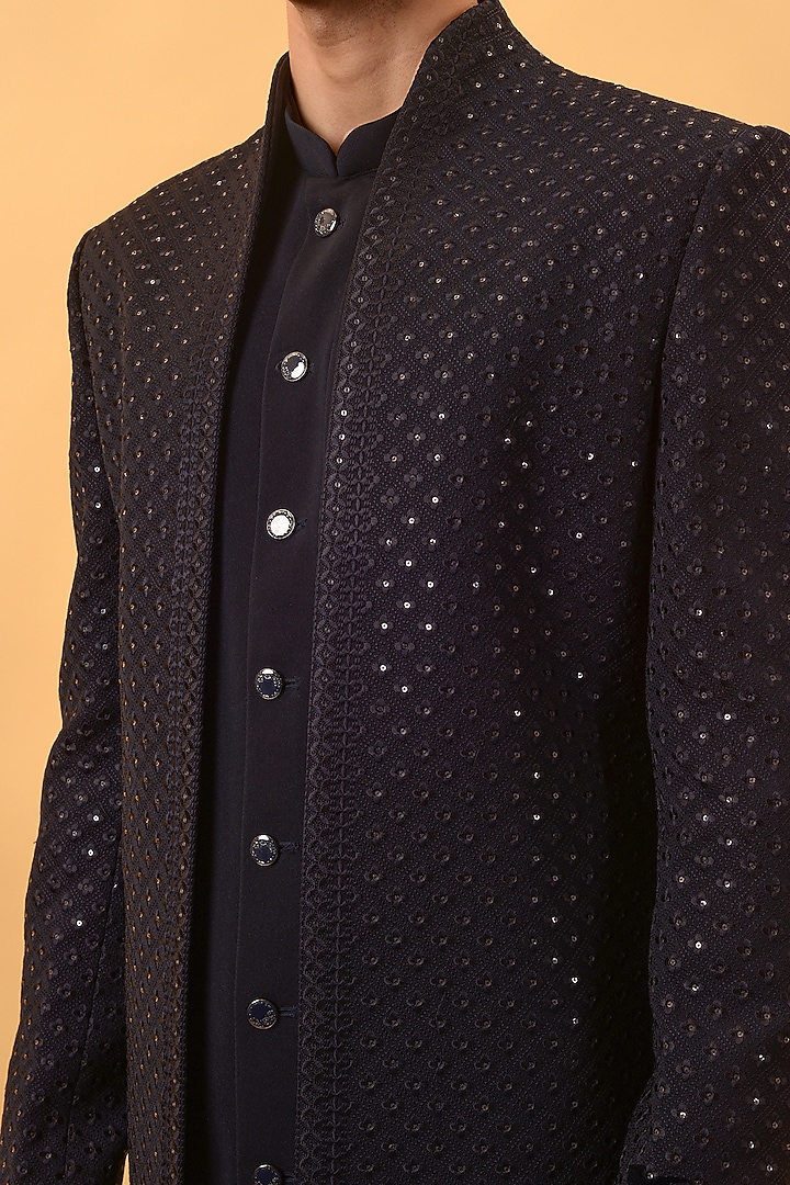 Navy Blue Textured Suiting Resham Embroidered Wedding Indowestern Set by STEEL at Pernia's Pop Up Shop