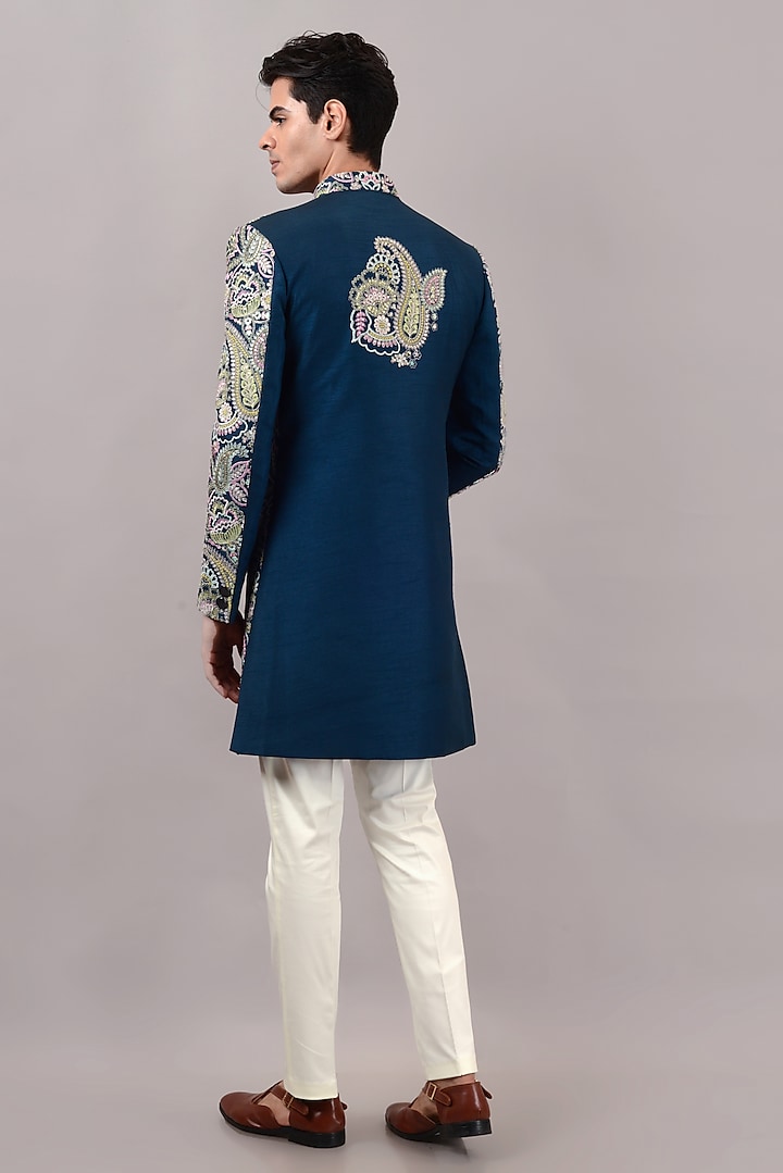 Teal Blue Raw Silk Resham Embroidered Wedding Indowestern Set by STEEL at Pernia's Pop Up Shop