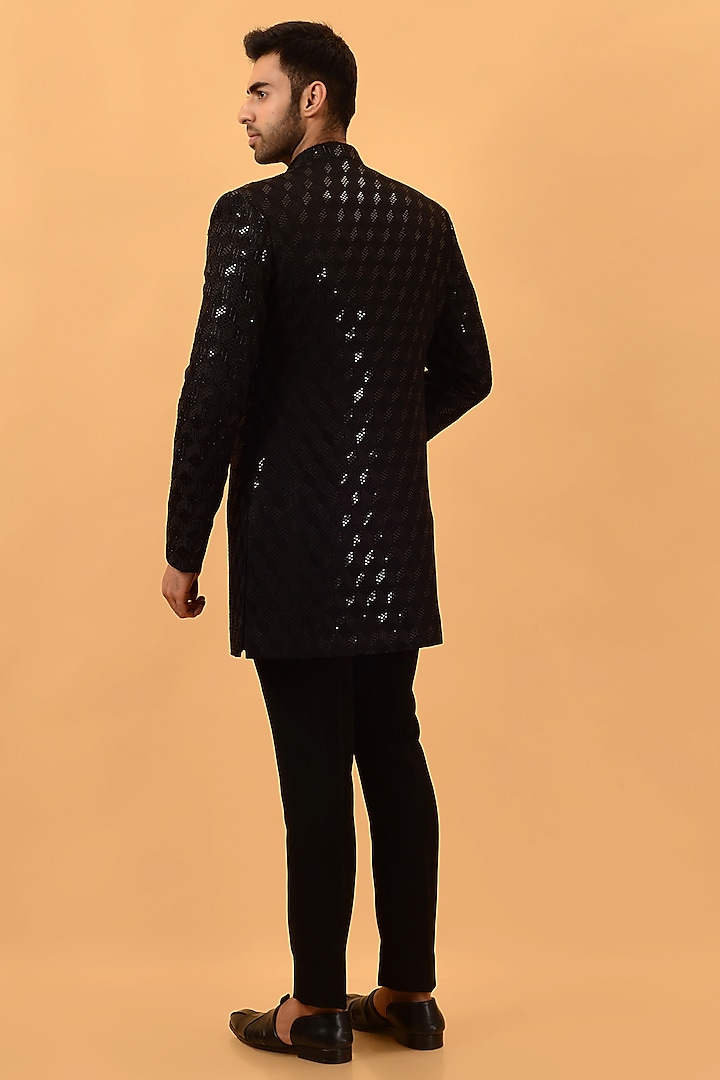 Black Lucknowi Hand Embroidered Wedding Indowestern Set by STEEL at Pernia's Pop Up Shop