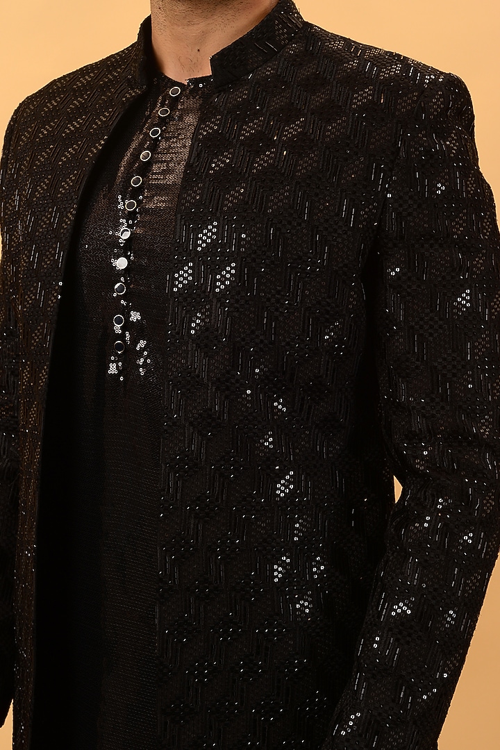 Black Lucknowi Hand Embroidered Wedding Indowestern Set by STEEL at Pernia's Pop Up Shop