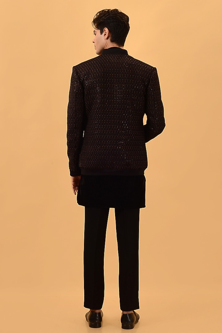 Black Velvet Machine Embroidered Indowestern Set by STEEL at Pernia's Pop Up Shop