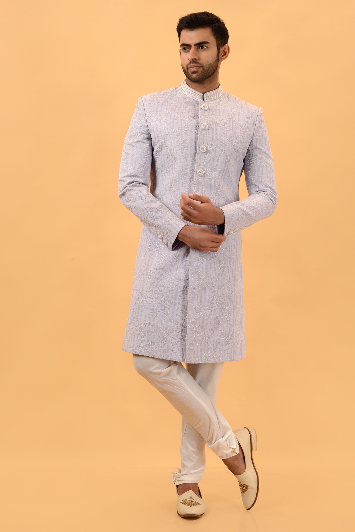 STEEL Lilac Lucknowi Handwork Sherwani Set