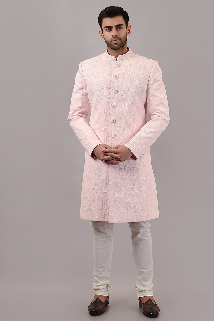 Pink Lucknowi Handwork Sherwani Set by STEEL