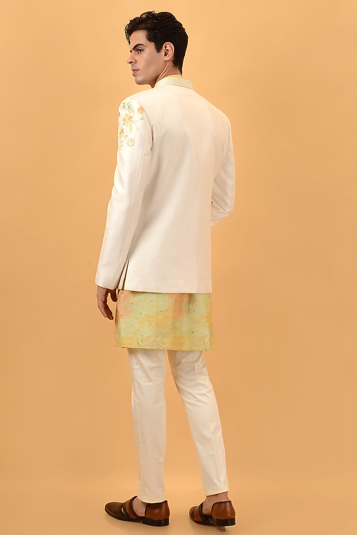Off-White Raw Silk Machine & Hand Embroidered Wedding Indowestern Set by STEEL at Pernia's Pop Up Shop